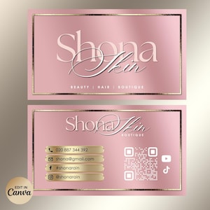 May include: Two-sided business card with a pink gradient background and gold accents. The card features the text "Shona Skin" in elegant script, along with contact information and social media handles. The words "Beauty | Hair | Boutique" are also present.