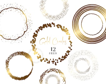 Può includere: Una collezione di dodici design di cerchi dorati in vari stili, tra cui motivi a puntini, a righe e testurizzati. Il testo "Gold Circles" e "12 FILES" è visualizzato in un carattere delicato, su uno sfondo bianco.