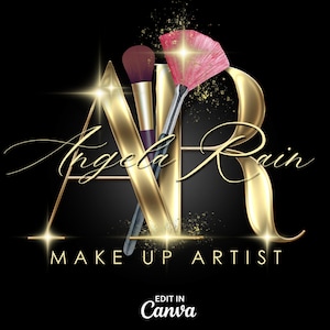 Può includere: Lettere dorate "AR" con il testo "Angela Rain Makeup Artist" sotto. Le lettere sono stilizzate e hanno un effetto 3D. Due pennelli da trucco dorati sono incrociati dietro le lettere. Lo sfondo è nero con glitter dorati.