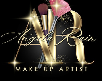 Beauty Salon Logo, Gold Makeup Brush Design (Canva Editable DIY)
