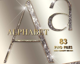 Op de afbeelding: Gouden glitter alfabet letters A en a met een gouden omtrek. De letters staan op een lichtbeige achtergrond met een zilveren glitterrand. De tekst "ALPHABET" staat onder de letters. De tekst "83 PNG BESTANDEN HOGE KWALITEIT 300 DPI" staat onder de letters.