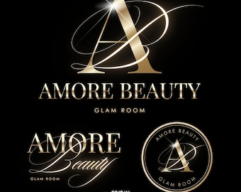 Logotipo dourado para beleza, design de logotipo editável para faça você mesmo, logotipo de cosméticos, logotipo de cabelo, logotipo de maquiagem, logotipo de unhas, logotipo de cuidados com a pele, modelo de logotipo para Canva