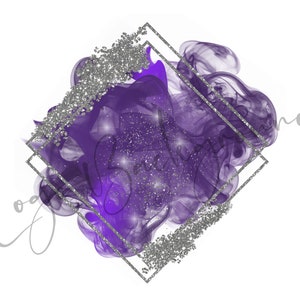 May include: Purple watercolor smoke with silver glitter in a diamond frame.