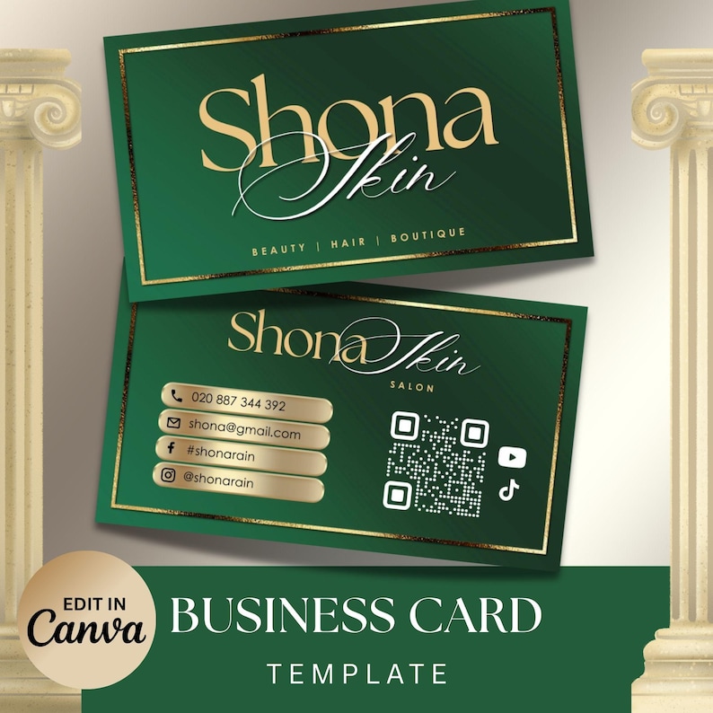 Pu&ograve; includere: Modello di biglietto da visita verde scuro con dettagli dorati. Il biglietto presenta il nome "Shona Skin" in una scrittura elegante, insieme alle informazioni di contatto e alle icone dei social media. Sono incluse anche le parole "Beauty | Hair | Boutique".