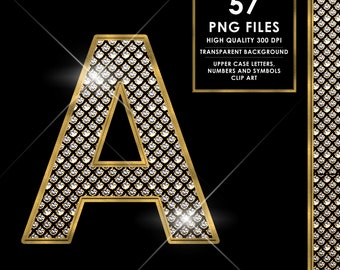 Diamond Alphabet PNG, Glitter Alphabet PNG, Glam Alphabet Clipart, Gold and Diamond letters, Bling Alphabet png, Sparkle, Digital download