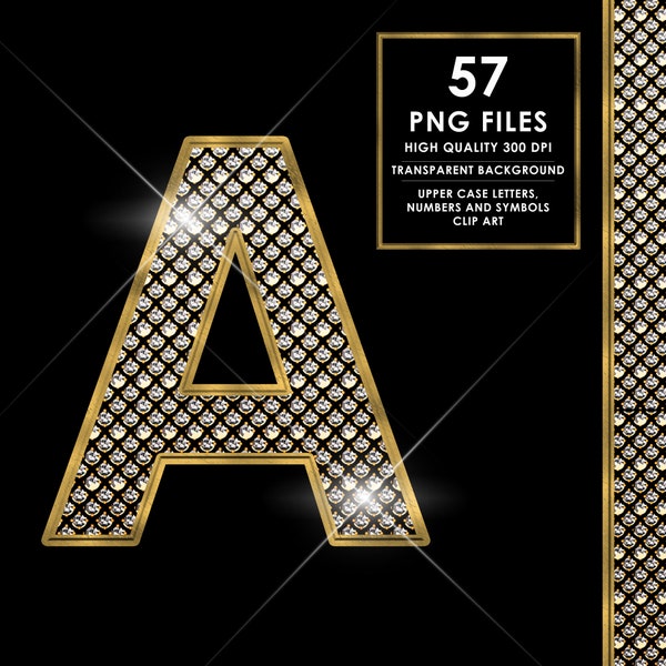 Diamond Alphabet PNG, Glitter Alphabet PNG, Glam Alphabet Clipart, Gold and Diamond letters, Bling Alphabet png, Sparkle, Digital download