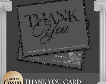 Editable Thank You Card, Glitter Black Thank You Card, DIY Thank You Card Template, Lash Tech Thank You, Hair Stylist Card, Instant Download