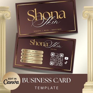 May include: Business card template with a dark brown background and gold accents. The card features the name "Shona Skin" in elegant gold script, with contact information and social media icons. The words "Beauty, Hair, Boutique" are also visible.