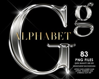 May include: A silver 3D alphabet font with a shiny, reflective finish. The letters are uppercase and lowercase, and include numbers and symbols. The font is called "Alphabet" and there are 83 PNG files included.