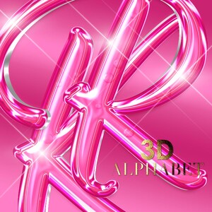 Pu&ograve; includere: Una lettera "K" 3D rosa lucida con una superficie riflettente, su uno sfondo rosa sfumato. Le parole "3D ALPHABET" sono in lettere dorate.