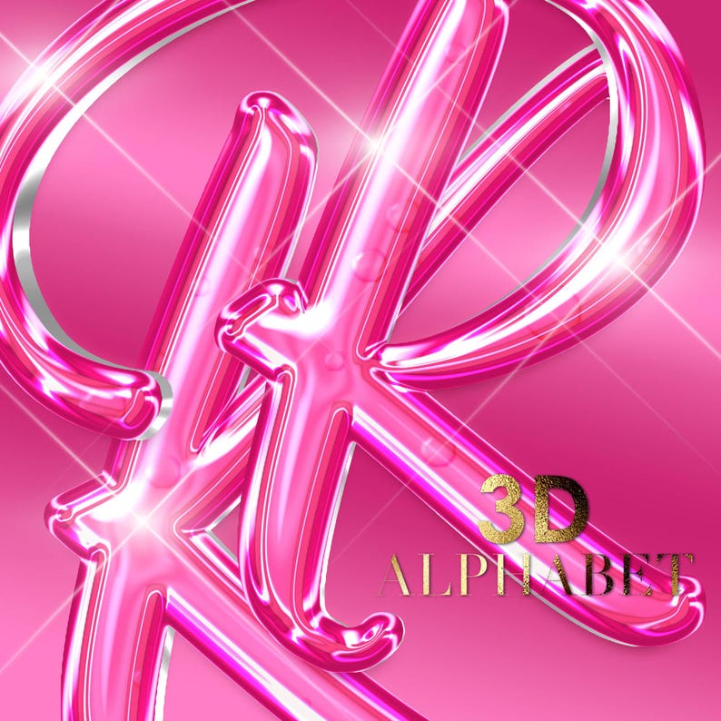 Pu&ograve; includere: Una lettera "K" 3D rosa lucida con una superficie riflettente, su uno sfondo rosa sfumato. Le parole "3D ALPHABET" sono in lettere dorate.
