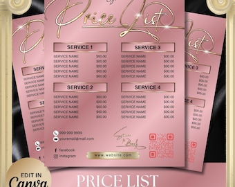 Pink Gold Price List Template, Editable Canva Template, Salon Price List, DIY Price List Flyer, Beauty Price list, Instant Download