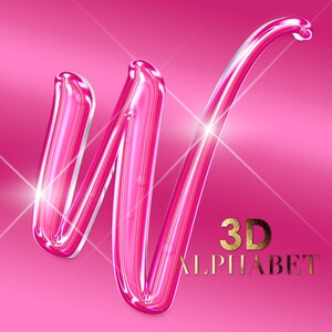 Pu&ograve; includere: Una lettera "W" 3D rosa lucida con un'evidenziazione bianca, su uno sfondo rosa sfumato. Il testo "3D ALPHABET" &egrave; dorato. L'immagine ha effetti a stella.