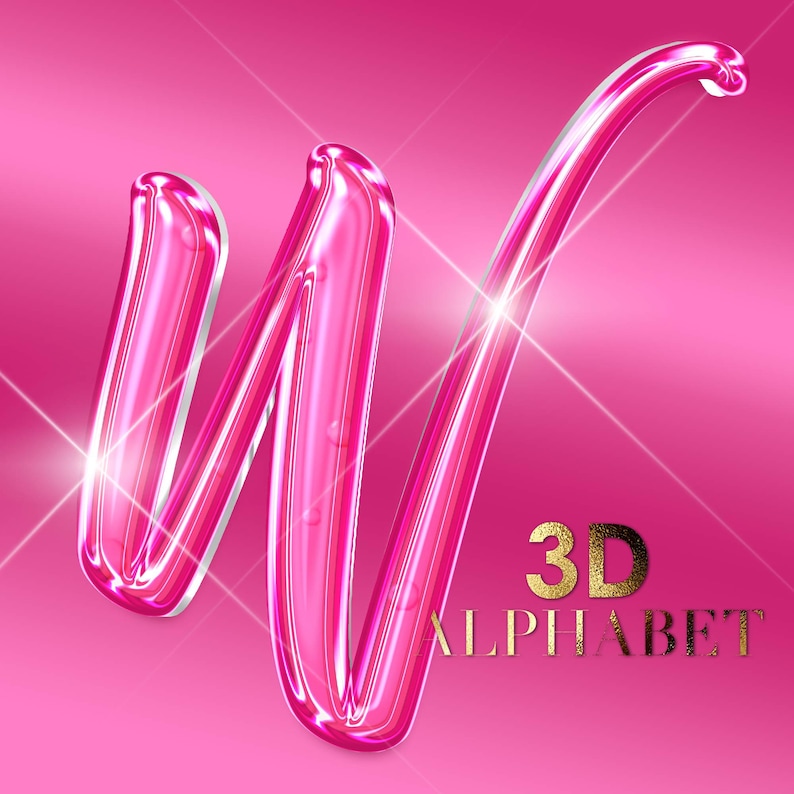 Pu&ograve; includere: Una lettera "W" 3D rosa lucida con un'evidenziazione bianca, su uno sfondo rosa sfumato. Il testo "3D ALPHABET" &egrave; dorato. L'immagine ha effetti a stella.