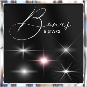 Pu&ograve; includere: Grafica digitale su sfondo nero con la parola "Bonus" in corsivo e le parole "5 STARS" in sans-serif. L'immagine presenta anche diversi effetti di scoppio stellare in bianco e rosa.