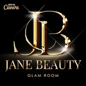 Könnte beinhalten: Goldenes Logo auf schwarzem Hintergrund. Das Logo zeigt die Buchstaben "JB" in einer stilvollen Schriftart. Darunter stehen die Worte "JANE BEAUTY" und "GLAM ROOM" in Gold, mit einem Glanzeffekt.
