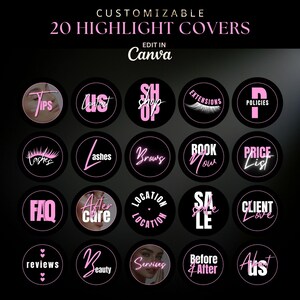 May include: A set of 20 customizable highlight covers with pink text on black circular backgrounds. Text includes "Tips", "Shop", "Extensions", "Policies", "Lashes", "Brows", "Book Now", "Price List", "FAQ", "After Care", "Location", "Sale", "Client Love".