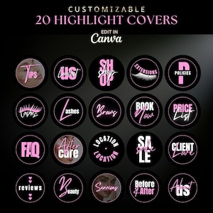 May include: A set of 20 customizable highlight covers with pink text on black circular backgrounds. Text includes "Tips", "Shop", "Extensions", "Policies", "Lashes", "Brows", "Book Now", "Price List", "FAQ", "After Care", "Location", "Sale", "Client Love".