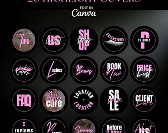 May include: A set of 20 customizable highlight covers with pink text on black circular backgrounds. Text includes "Tips", "Shop", "Extensions", "Policies", "Lashes", "Brows", "Book Now", "Price List", "FAQ", "After Care", "Location", "Sale", "Client Love".