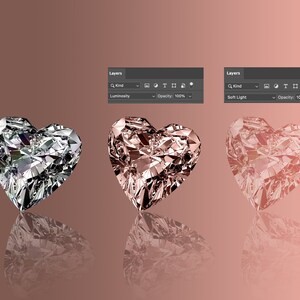 K&ouml;nnte beinhalten: Drei herzf&ouml;rmige Diamantanh&auml;nger in Silber, Ros&eacute;gold und Rosa, jeweils mit facettiertem Design. Die Anh&auml;nger spiegeln sich auf einem Farbverlaufshintergrund. Das Bild enth&auml;lt den Text "Layers", "Luminosity", "Opacity: 100%" und "Soft Light".