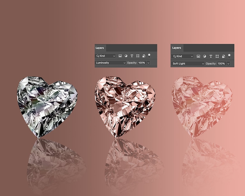 K&ouml;nnte beinhalten: Drei herzf&ouml;rmige Diamantanh&auml;nger in Silber, Ros&eacute;gold und Rosa, jeweils mit facettiertem Design. Die Anh&auml;nger spiegeln sich auf einem Farbverlaufshintergrund. Das Bild enth&auml;lt den Text "Layers", "Luminosity", "Opacity: 100%" und "Soft Light".