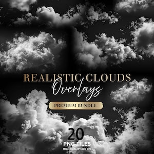 Puede incluir: Imagen digital que presenta superposiciones de nubes realistas en tonos grises y blancos sobre un fondo negro. El texto incluye "Realistic Clouds Overlays", "Premium Bundle" y detalles sobre 20 archivos PNG de alta calidad 300 DPI.
