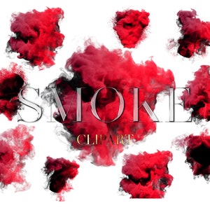 May include: A collection of red and black smoke clipart elements on a white background. The word "SMOKE" is displayed in silver, and "CLIPART" is in gold. The smoke shapes vary in size and density.