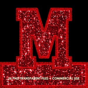 May include: Red glitter letter M with a bold outline. The letter is set against a black background. The image includes the text "36 PNG TRANSPARENT FILES - COMMERCIAL USE".