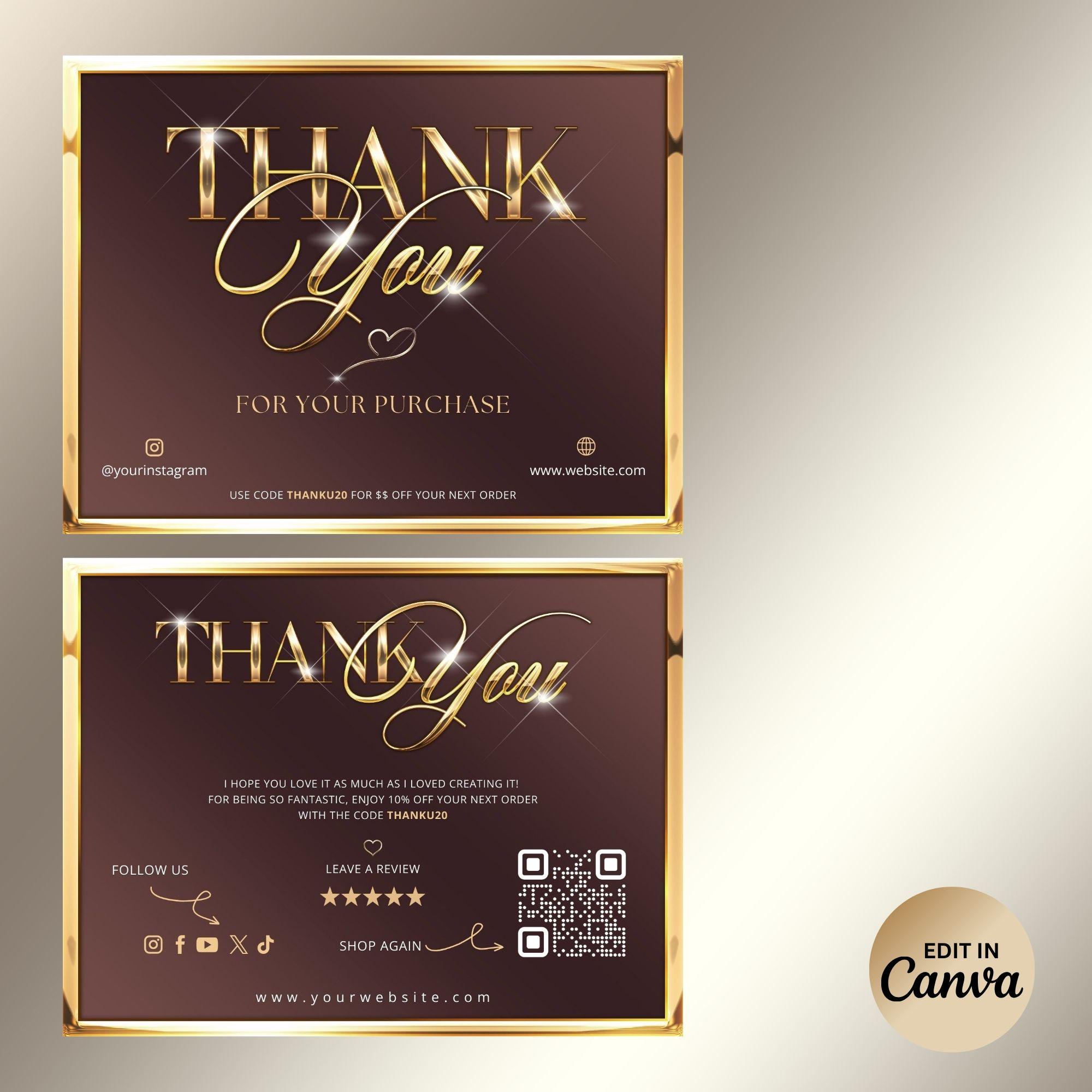 Luxury Thank You Card Template, Gold Metallic Thank You Card, Editable ...