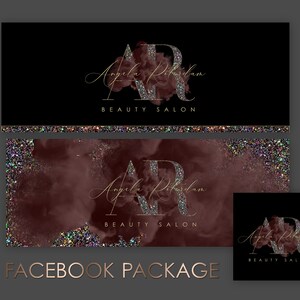May include: Facebook banner template with a burgundy and gold glitter background. The text "Angela Ritdam Beauty Salon" is displayed with a gold glitter "AR" logo.