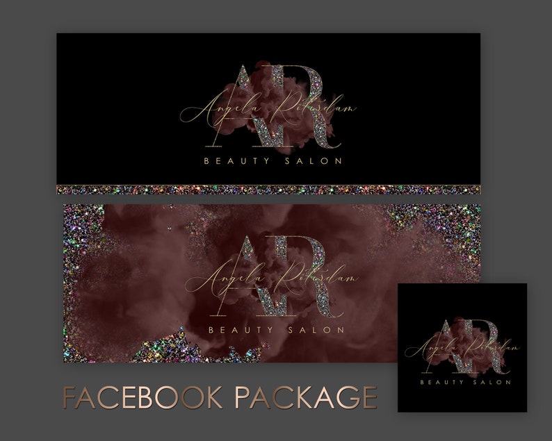 May include: Facebook banner template with a burgundy and gold glitter background. The text "Angela Ritdam Beauty Salon" is displayed with a gold glitter "AR" logo.