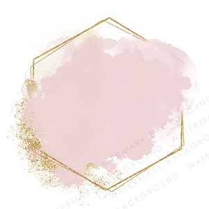 May include: A pink watercolour background with a gold hexagonal frame. The frame is outlined with a thin gold line and has a subtle glitter effect.