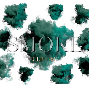 Könnte beinhalten: Eine Sammlung von teal- und schwarzen Rauchwolken-Clipart-Elementen auf weißem Hintergrund. Das Wort "SMOKE" ist in Silber dargestellt, und "CLIPART" ist in Gold.
