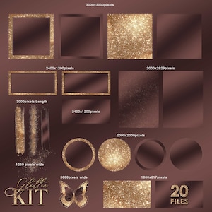 May include: A set of 20 digital graphics featuring gold glitter textures and frames on a brown background. The graphics are in various sizes and shapes, including circles, squares, and rectangles. The text "Glitter Kit" and "20 Files" is also included in the image.