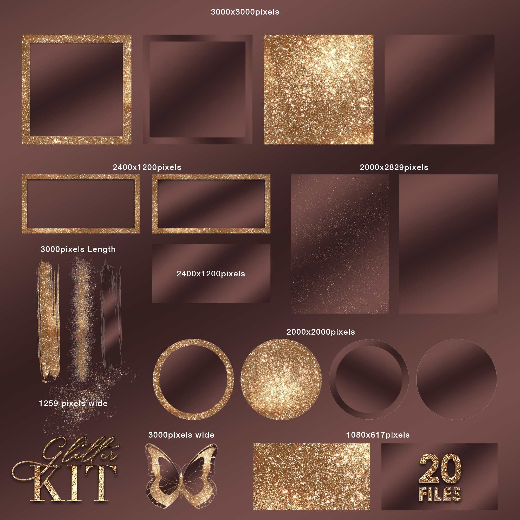 Glitter Gold Brown Branding Kit Bundle, Gold background, Gold frames png Clipart, Sparkle, Brush strokes, Brown Circles, Logo background Png