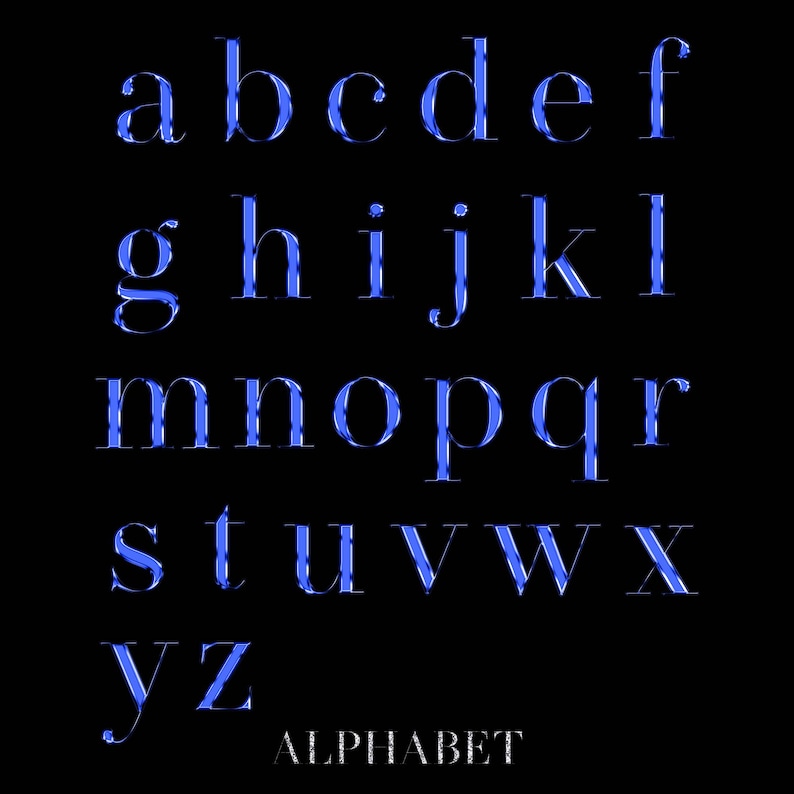 May include: Blue alphabet letters with a 3D effect on a black background. The letters are outlined in white and have a blue gradient. The word "ALPHABET" is written in white at the bottom of the image.