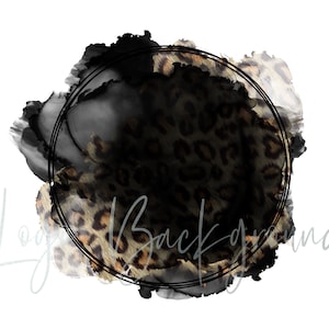 May include: Black and brown leopard print pattern with a black circle frame. The background is a watercolor wash of black.