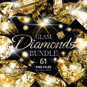 Può includere: Immagine digitale con una collezione di diamanti dorati scintillanti su sfondo nero. Il testo "GLAM Diamonds BUNDLE" è visibile, insieme a "61 PNG FILES HIGH QUALITY 300 DPI". I diamanti variano in forma e dimensione.