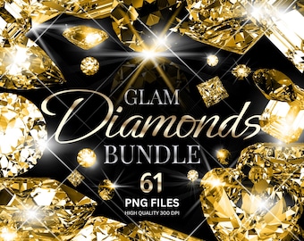 Könnte beinhalten: Ein digitales Bild mit einer Ansammlung funkelnder, goldener Diamanten vor schwarzem Hintergrund. Der Text "GLAM Diamonds BUNDLE" ist zu sehen, zusammen mit "61 PNG FILES HIGH QUALITY 300 DPI". Die Diamanten variieren in Form und Größe.