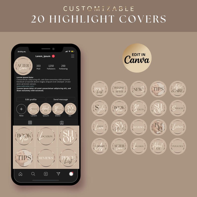 Highlights Include Natural Aesthetic Instagram Highlight Covers Template: Gold Lash ...