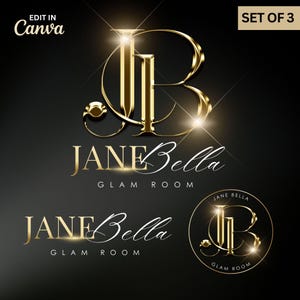 Könnte beinhalten: Ein Set aus drei goldenen, metallischen Logos auf schwarzem Hintergrund mit den ineinander verschlungenen Buchstaben JB und dem Text JANE Bella GLAM ROOM. Die Designs umfassen ein großes Monogramm, einen horizontalen Schriftzug und ein kreisförmiges Emblem.