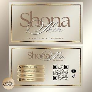 Puede incluir: Tarjeta de visita de doble cara con una combinaci&oacute;n de colores dorados y marrones. La tarjeta superior presenta el nombre "Shona Skin" en una fuente cursiva, con "BEAUTY | HAIR | BOUTIQUE" debajo. La tarjeta inferior incluye informaci&oacute;n de contacto, un c&oacute;digo QR e iconos de redes sociales.