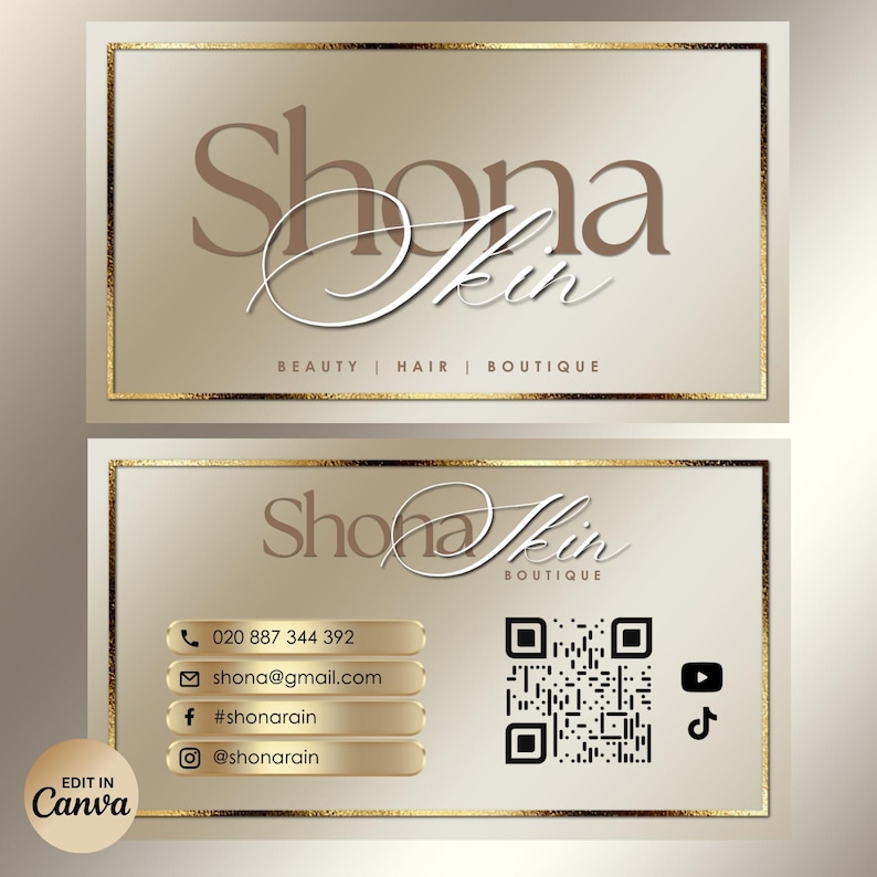 Puede incluir: Tarjeta de visita de doble cara con una combinaci&oacute;n de colores dorados y marrones. La tarjeta superior presenta el nombre "Shona Skin" en una fuente cursiva, con "BEAUTY | HAIR | BOUTIQUE" debajo. La tarjeta inferior incluye informaci&oacute;n de contacto, un c&oacute;digo QR e iconos de redes sociales.