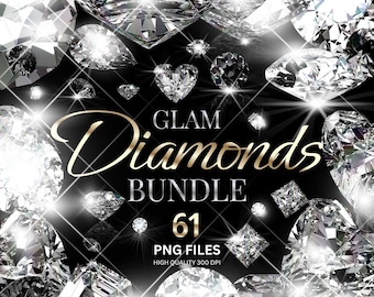 Könnte beinhalten: Eine Sammlung funkelnder Diamanten in verschiedenen Formen und Größen, darunter Herz- und Quadrat-Schliffe, vor schwarzem Hintergrund. Der Text "GLAM Diamonds BUNDLE 61 PNG FILES" ist in goldener Schrift dargestellt, mit Glanzlichtern und Lens Flares.