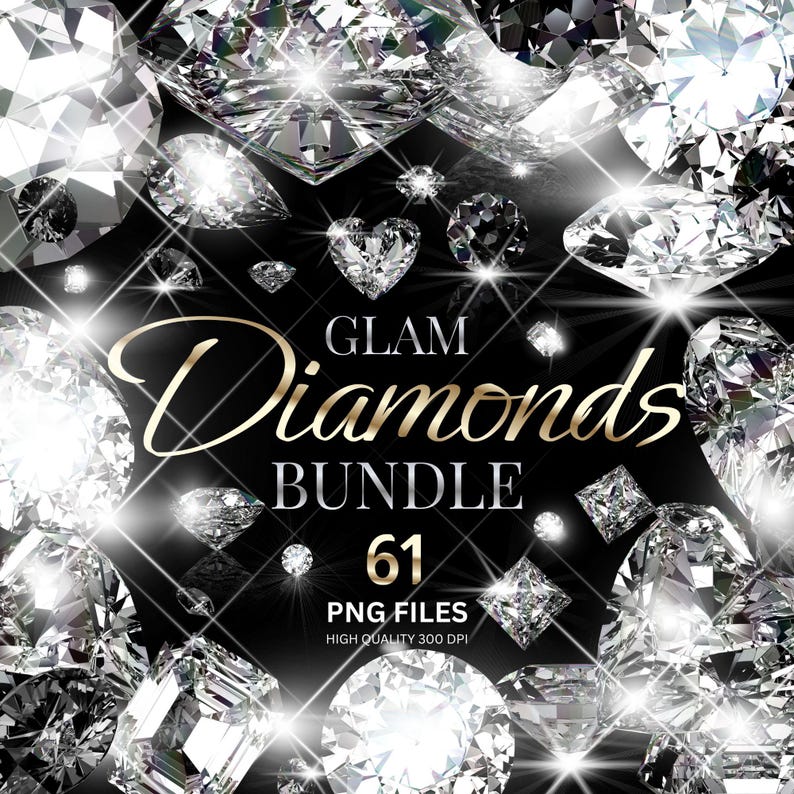 K&ouml;nnte beinhalten: Eine Sammlung funkelnder Diamanten in verschiedenen Formen und Gr&ouml;&szlig;en, darunter Herz- und Quadrat-Schliffe, vor schwarzem Hintergrund. Der Text "GLAM Diamonds BUNDLE 61 PNG FILES" ist in goldener Schrift dargestellt, mit Glanzlichtern und Lens Flares.