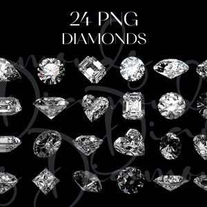 K&ouml;nnte beinhalten: Eine Sammlung von 24 PNG-Diamanten in verschiedenen Formen, darunter rund, tropfenf&ouml;rmig und herzf&ouml;rmig, vor schwarzem Hintergrund. Die Diamanten funkeln mit zahlreichen Facetten und reflektieren das Licht. Der Text oben lautet "24 PNG DIAMONDS."