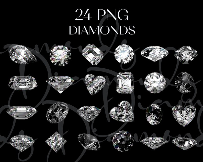 K&ouml;nnte beinhalten: Eine Sammlung von 24 PNG-Diamanten in verschiedenen Formen, darunter rund, tropfenf&ouml;rmig und herzf&ouml;rmig, vor schwarzem Hintergrund. Die Diamanten funkeln mit zahlreichen Facetten und reflektieren das Licht. Der Text oben lautet "24 PNG DIAMONDS."