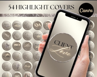 Pode incluir: Um smartphone exibe uma coleção de 54 capas de destaque com vários ícones e texto, incluindo "Client Love". O design apresenta uma paleta de cores neutras com detalhes dourados e o texto "Premium Collection" no topo. O logotipo Canva é visível.