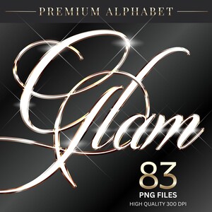 以下が含まれることがあります： 黒い背景に、金色の縁取りが施された筆記体の「Glam」という文字が描かれたデジタルグラフィック。画像には「Premium Alphabet」、「83 PNG FILES」、「High Quality 300 DPI」という文字が含まれています。