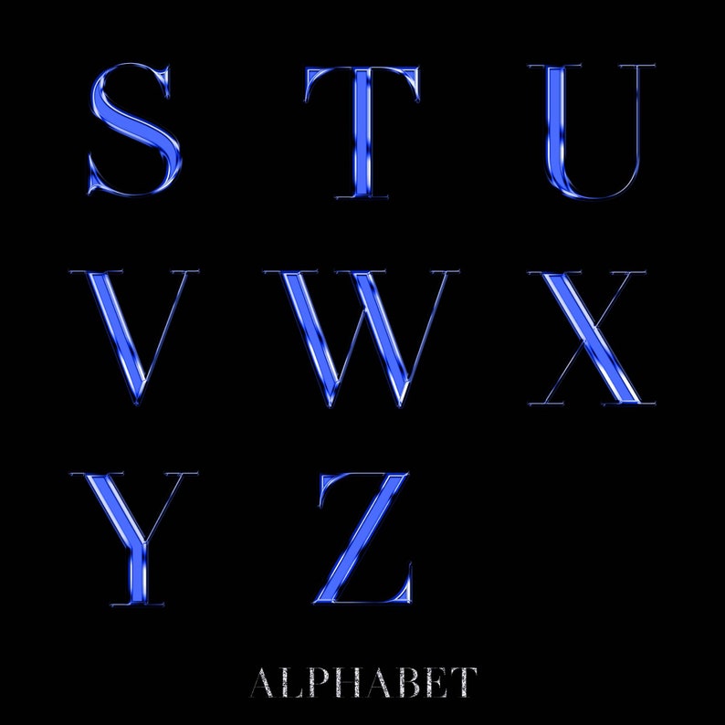 May include: Blue metallic letters of the alphabet, S through Z, in a serif font, on a black background. The word "ALPHABET" is written in white below the letters.